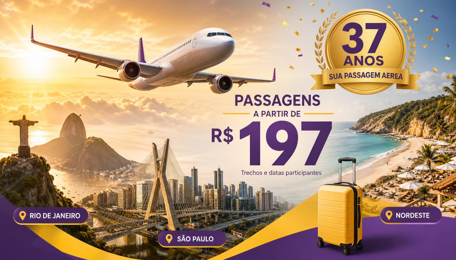 Avião comercial sobre as nuvens ao lado de destinos brasileiros e uma mala de viagem, com grafismos em roxo e amarelo
